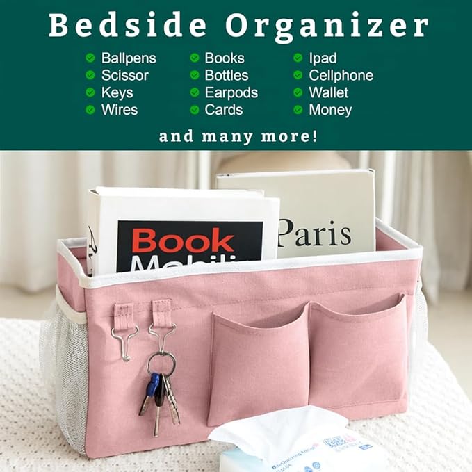 Bedside Caddy Organizer Hanging Storage Bag with Pockets for Books, Magazines, Phone, Tablet & Water Bottle – Bedside Storage for Dorm, Bunk Beds, Hospital Beds & Cribs, Pink