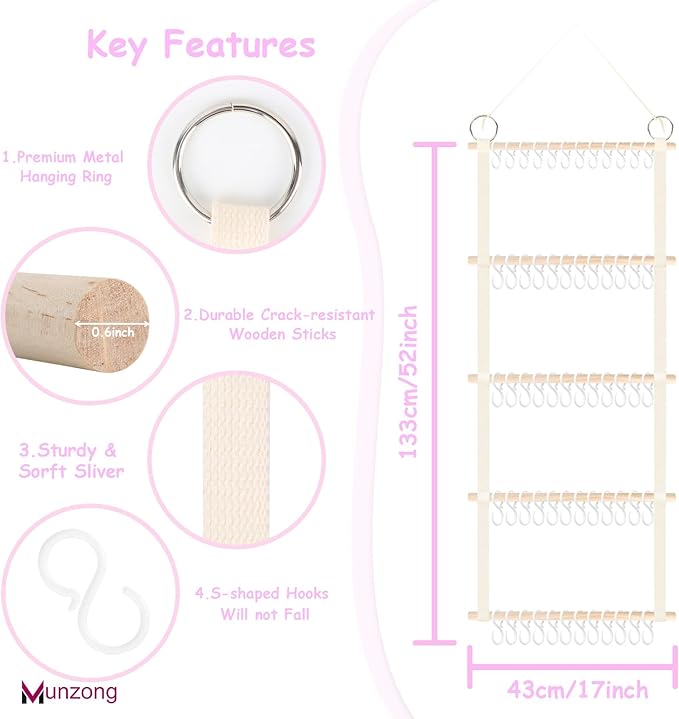 Munzong Headband Holder 52x17 inch, Beige Bow Organizer for Baby Girls, Extra Large Nursery Wall Hanging Clip Storage w/ 60 Hooks, Hair Accessories Organizer Rack Shelf for Toddler Kids Room Decor
