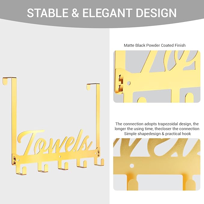 Azmoncy Over The Door Hooks, Towel Rack Towel Hooks for Bathroom, Towel Holder for Hanging Heavy Duty, Door Rack Over Door Hanger with 5 Coat Hooks for Bedroom Bathroom Kitchen（Light Gold）