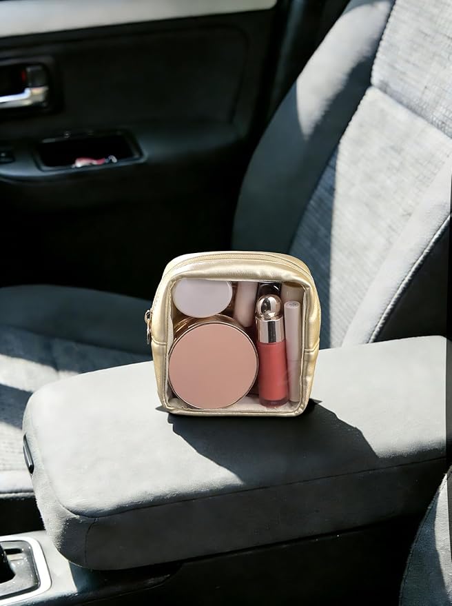Pocmimut Clear Makeup Bag, Easy to Find Mini Makeup Bag for Purse, Travel Makeup Bag for Car, Compact Cosmetic Pouch for Daily Essentials,Gold