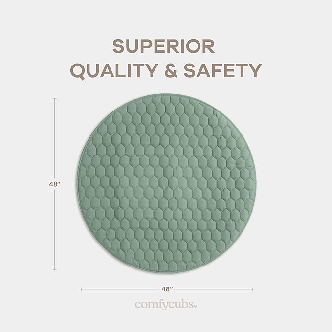 Comfy Cubs Round Kids Play Mat - Medium 48 inches Soft Quilted Baby Floor Mat with Non-Slip Bottom - Plush Design for Toddlers' Playtime - Comfortable and Durable - Fern