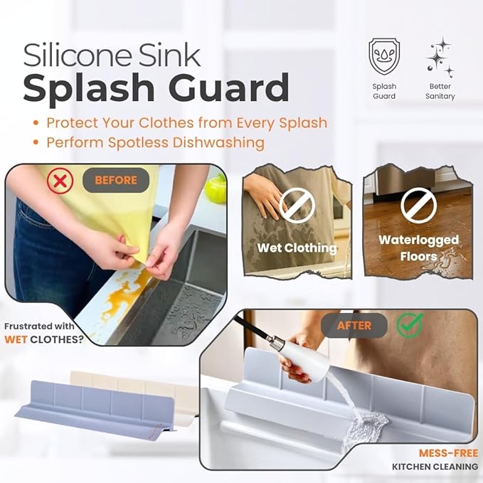 MessOut Extra Large Silicone Kitchen Sink Splash Guard 58x9x10cm– Non-Slip with Strong Suction, Non Crumble, non-harmful, Durable & Easy-to-Clean Protector for a Mess-Free Sink and Dishwashing (White)