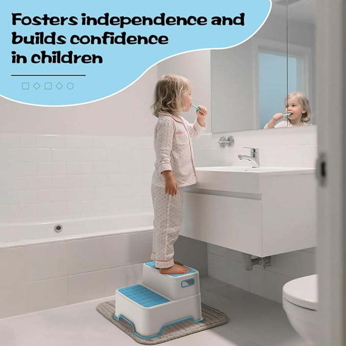 ZLMHYYM Toddler Step Stool for Bathroom Sink, 2 Pack Step Stool for Kids, Plastic Potty Training Toilet Stepping Stools, Child and Baby Lightweight&No-Slip Two Step Stools for Kitchen(Off-White/Blue)