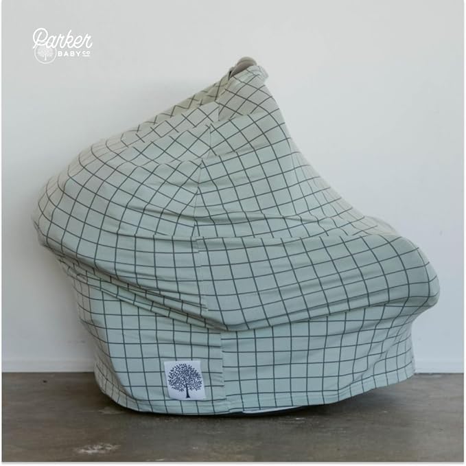 Parker Baby 4 in 1 Car Seat Cover for Girls and Boys - Stretchy Carseat Canopy, Nursing Cover, Grocery Cart Cover, High Chair Cover - “Sage/Pewter”