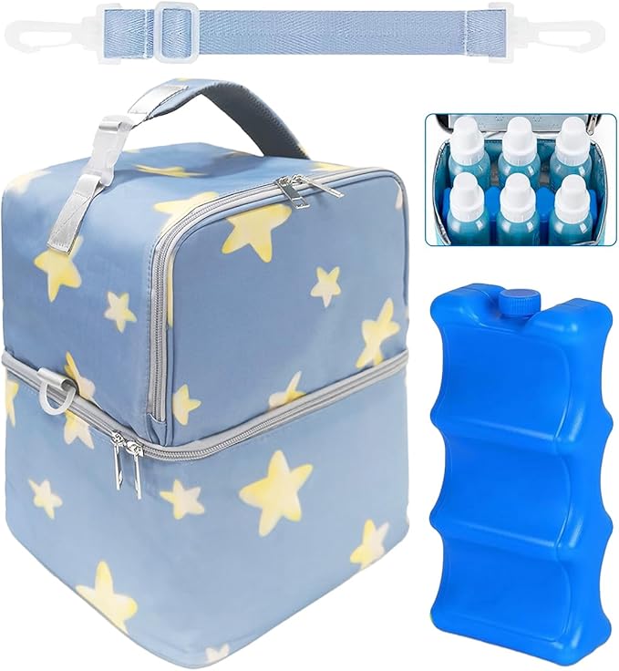 Breastmilk Cooler Bag with Ice Pack, Large Insulated Breast Pump Bottle Storage, Portable Baby Bottle Cooler for Travel, Beautiful Star Design
