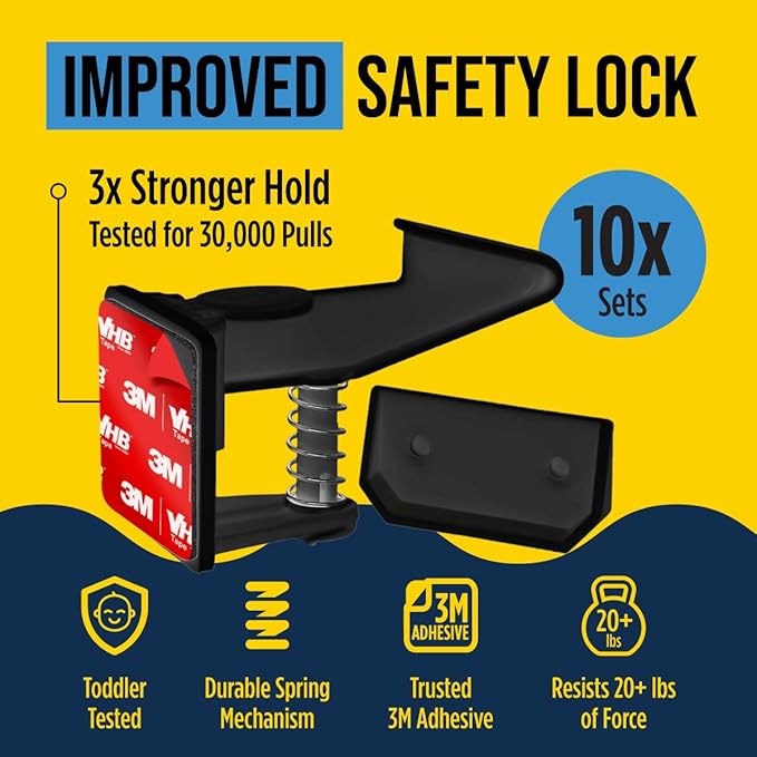 Cabinet Locks for Babies - Child Safety Latches 10 Pack - Invisible Adhesive Baby Proofing Drawer Locks - Works with Most Cabinets and Drawers - No Drilling Installation - (Black)