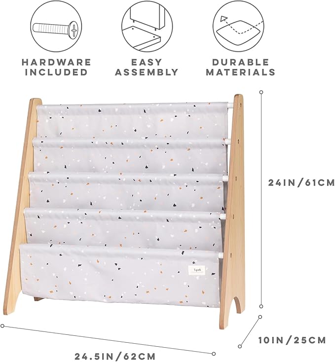 3 Sprouts Recycled Fabric Kids Bookshelf – 4-Tier Sling Book Rack Organizer - Nursery Room Playroom Classroom Wooden Book Shelves - Kid Bookcase Wood Storage Shelf for Toddler Age 3+ - Terrazzo Gray