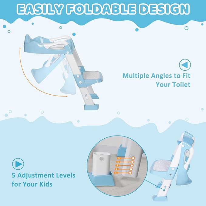 Potty Training Seat with Step Stool, Toddler Toilet Seat w/Ladder, Potty Training Chart, Splash Guard & Upgraded Non-Slip Pads, Kids Foldable Training Toilet Potty Chair for Boys Girls (Blue)
