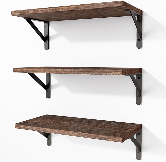 Fixwal Floating Shelves for Wall, Wood Wall Mounted Shelves for Bedroom, Bathroom, Living Room, Kitchen Storage and Decor(Brown, Set of 3, 16.5 Inch)