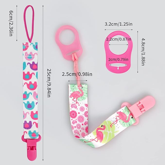 4 Pack Pacifier Holder Clips for Girls, Dummy Clips Girls with Adapters, Silicone Binky Clips for Baby Teething Toys Baby Shower