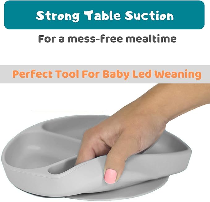 Silikong Suction Plate for Toddlers | BPA Free, 100% Food-Grade Silicone | Microwave, Dishwasher and Oven Safe | Stay Put Divided Baby Feeding Plates (1, Grey)