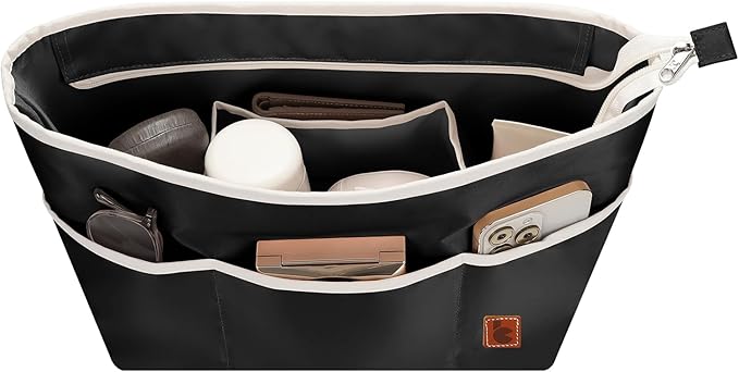 SDANG Purse Organizer Insert with Zipper – Pink Handbag & Tote Bag Organizer | Bag-in-Bag Insert with Pockets for Purses, Totes & Travel(Black,Medium 28)
