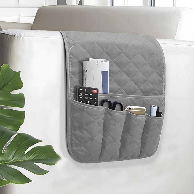 Sofa Armrest Organizer Non-Slip Arm Chair Bedside Caddy Storage Organizer for Recliner Couch with 5 Pockets for Cell Phone TV Remote Control Magazines (Grey)