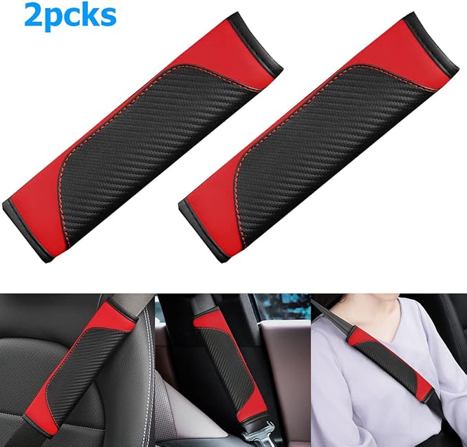 AUCELI 2PCS Car Seat Belt Cover, Carbon Fiber Seatbelt Shoulder Strap Covers, Breathable Leather Soft Harness Pad Protect Your Neck and Shoulder Compatible with Cars