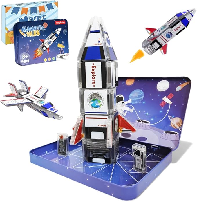Maginoo 42PCS Mini Magnetic Tiles Space Rocket Travel Set with Iron Box STEM Educational Building Blocks Magnetic Construction Toy for Kids Ages 3 to 8 Creative Gift for Boys and Girls