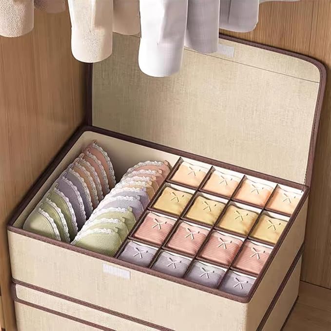 Sock Underwear Organizer Divider with Lid, 1+16 Cells Drawer Fabric Foldable Cabinet Closet Storage Boxes for Storing Socks, Underwear, Ties (Green)