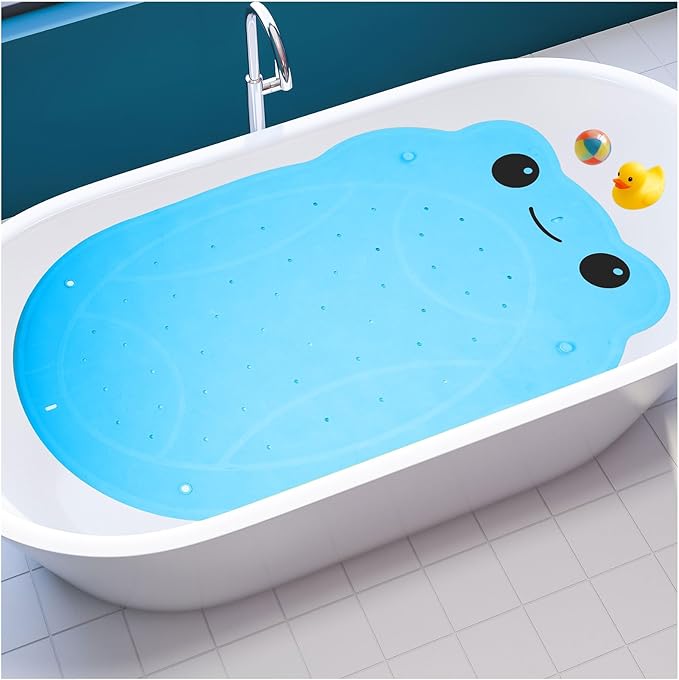 Bathtub Mat Non Slip for Baby Toddlers 30"x 18",Cute Bath Shower Mat with Frog Pattern for Tub,Washable Anti Slip Kids Bath Mat Shower Mats for Bathroom Kitchen Restroom,Blue