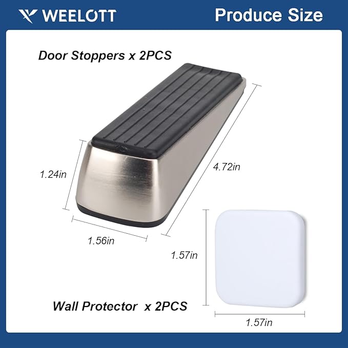2 Pack Door Stoppers,Zinc Alloy Door Stop with Anti-Slip Rubber Base,Heavy Duty Door Wedge for Bottom of Door,Door Holder to Keep Open,Includes Silencer Pads,Silver