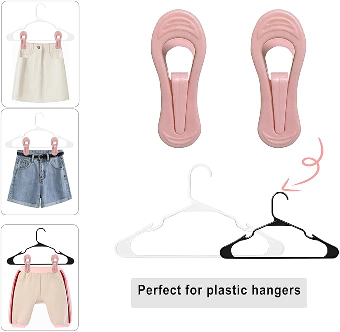 TOFIIGREM Pink Hangers Clips 60 Pack, Multi-Purpose Plastic Clips for Plastic Hangers Velvet Hanger, Clothes Pins for Skirt Pants