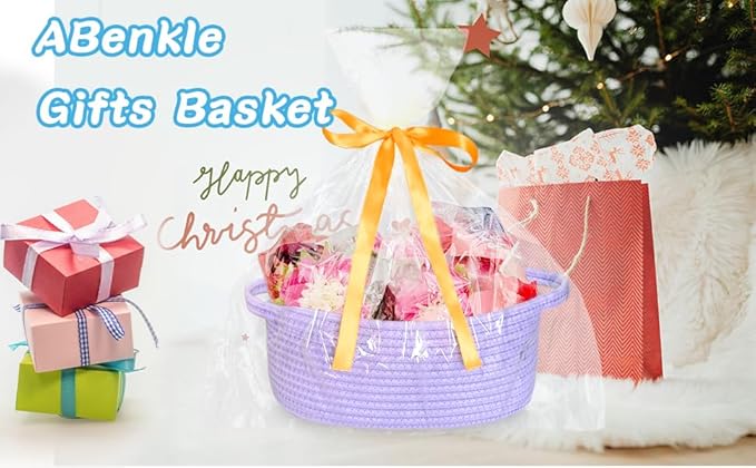 ABenkle Small Basket with Gift Bags and Ribbons, Empty Gift Baskets for Mother's Day, Decorative Boho Rope Woven Nursery Storage Organizer Toy Baskets with Handle for Baby Showers, 12"X 8" X 5"
