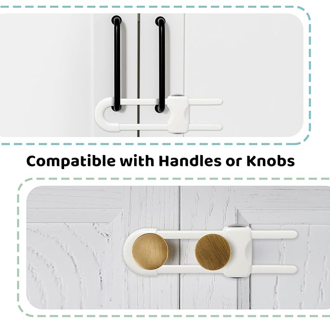 Baby Proofing Cabinets, Sliding Cabinet Locks for Babies, Adjustable U Shaped Baby Safety Locks, Childproof Cabinet Latch for Kitchen, Bathroom, Drawer, Cupboard Doors Knobs & Handles (2Pack White)