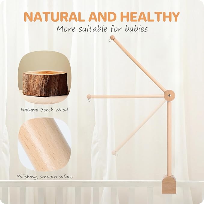 Baby Crib Mobile Arm, Nicemer Wooden Mobile Arm for Crib, Optimum Slat Thickness for Crib 0.6-1'', 3D 360° Adjustable, Height Range 16.1-24.4'', Mobile Hanger for Crib Baby Boy Girl Nursery Decor