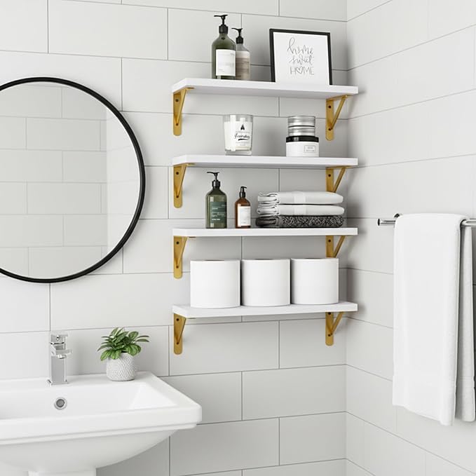 Fixwal Floating Shelves for Wall, Wood Wall Mounted Shelves for Bedroom, Bathroom, Living Room, Kitchen Storage and Decor(White, Set of 4, 16.5 Inch)
