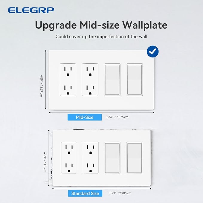 ELEGRP 4-Gang Screwless Decorative Wall Plates, Mid-Size Unbreakable Thermoplastic Faceplate Cover for Decorator Receptacle Outlet Switch, UL Listed (2 Pack, Matte White)