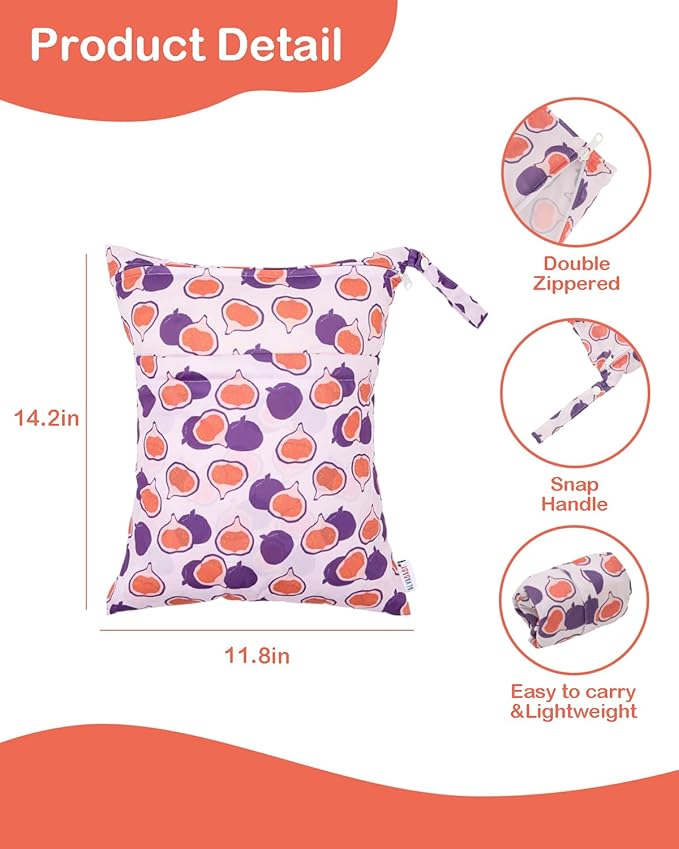 ALVABABY 3pcs Cloth Diaper Wet Dry Bags Waterproof Reusable with Two Zippered Pockets Travel Beach Pool Daycare Soiled Baby Items Yoga Gym Bag for Swimsuits or Wet Clothes 3L-ZM37