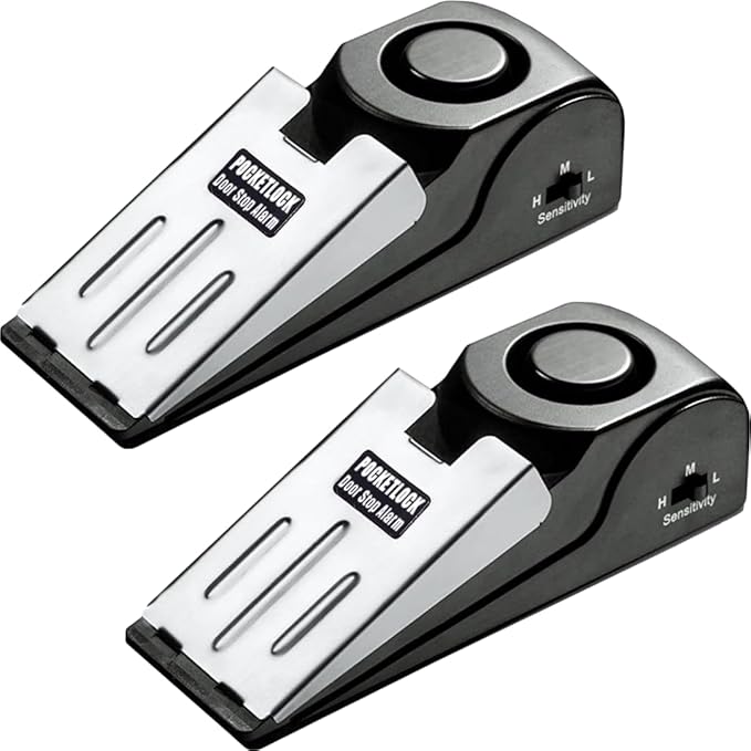 Door Stop Alarm with 120 dB Siren – Portable Travel Door Stopper Alarm Wedge for Hotel, Apartment & Dorm Security – Battery-Operated, Black, 2-Pack