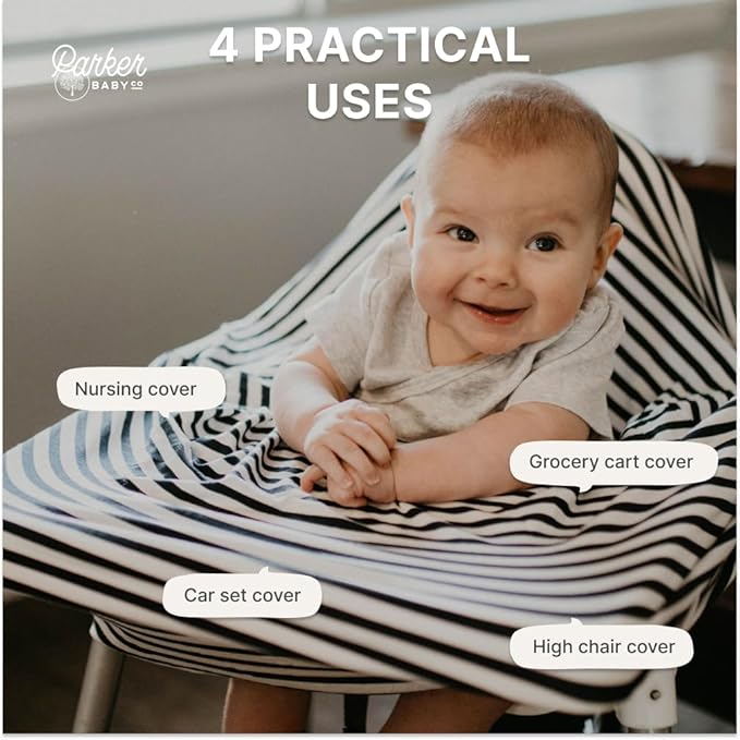 Parker Baby 4 in 1 Car Seat Cover for Boys - Stretchy Carseat Canopy, Nursing Cover, Grocery Cart Cover, High Chair Cover - Navy/White Stripes