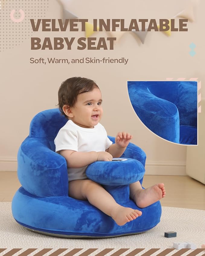AGITVPS Velvet-Covered Inflatable Baby Seat with Built-in Pump | A Supportive Bumbo Seat for Babies 3-36 Months | Perfect for Learning to Sit, Feeding, Floor Time & Camping (Velvet Tray-Blue)