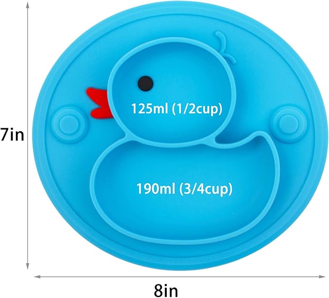 Linowos Baby Divided Plate Silicone- Portable Non Slip Child Feeding Plate with Suction Cup for Children Babies and Kids BPA Free Baby Dinner Plate Microwave Dishwasher Safe … (Duck-Blue)