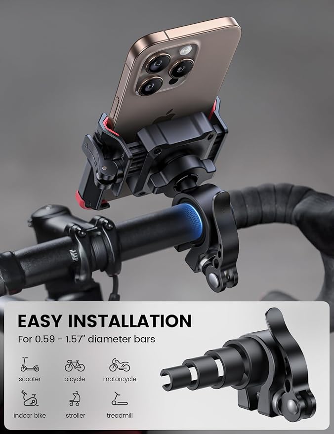 Lamicall Motorcycle Bike Phone Mount - [No Block Camera] [1s Lock] Bike Cell Phone Holder Clamp, Bicycle Scooter Handlebar Clip, for iPhone 16 15 14 Pro Max, Galaxy Ultra, 4.7-7" Phones, Red