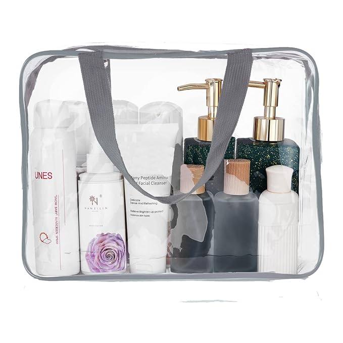 4Pcs Crystal Clear PVC Travel Toiletry Bag Kit for Women Men, Waterproof Vinyl Packing Organizer Storage Bags with Zipper Handle Straps, Cosmetic Pouch Carry on Airport Airline Compliant Bag Handbag