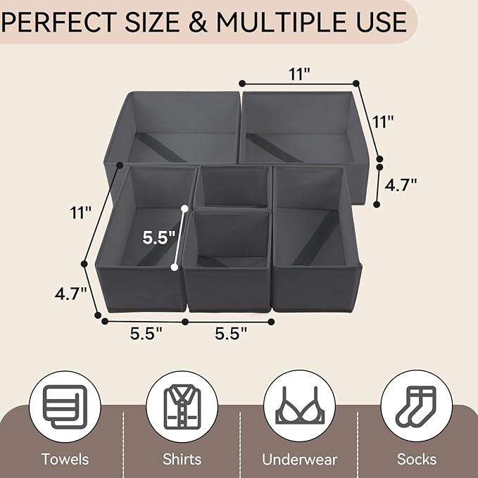 12 Pack Drawer Organizer Clothes Set,Foldable Fabric Closet Dresser Storage Dividers,Closet Organizer and Storage for Nursery,Underwear,Bra,Sock,Tie,Grey
