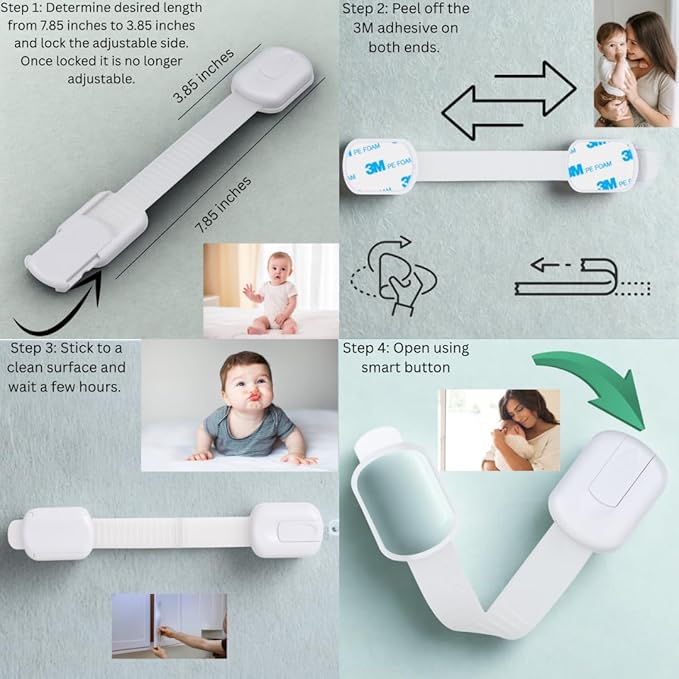 CUTESAFETY - Child Safety Cabinet Locks (4 Pack) – Adjustable Baby Proofing Strap Latches with Strong 3M Adhesive – No Drill Childproof Locks for Drawers, Cabinets, Fridge, Door, Closet, White