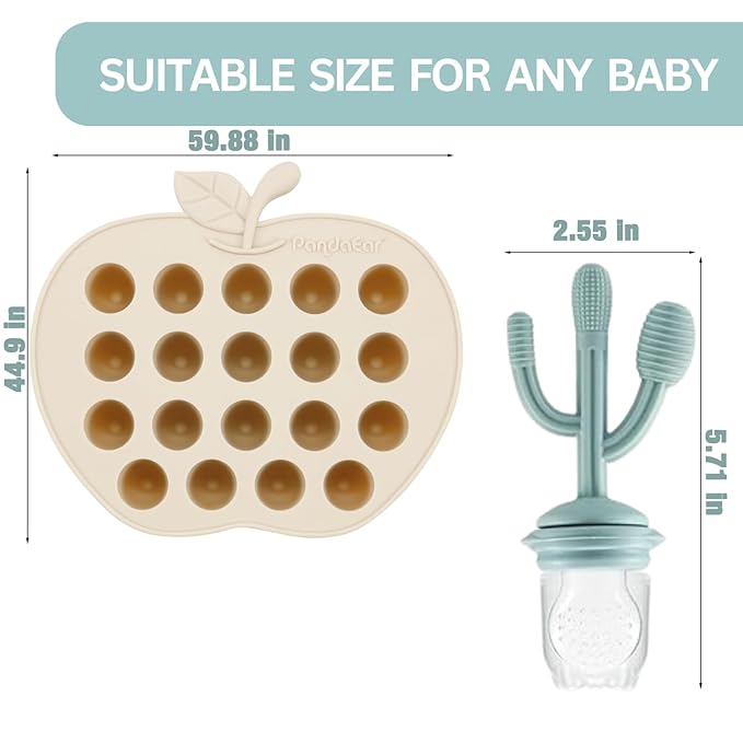 PandaEar 2 Pack Baby Breastmilk Popsicle Molds & 3 Pack Baby Fruit Food Feeder Pacifier, Baby Fruit Food Feeder Teether Tray Ice Cube Maker, Silicone Feeder Cactus Shape Teething Toy 3 Sizes Pouches
