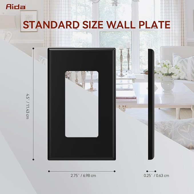 AIDA 1-Gang Screwless Decorator Wall Plates, Standard Size Unbreakable Thermoplastic Faceplate Cover for Decorator Receptacle Outlet Switch, UL Listed (10 Pack, Glossy Black)