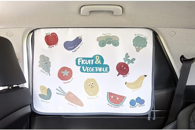BEBEDECO Magnetic Car Sun Shade Curtain for Side Window – Sun Blocker and UV Protector for Baby, Kids, and Pets – Universal Fit with Built-in Magnets for Steel-Framed Door (Vegetable Friends)