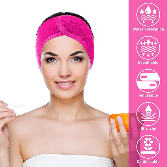 Denfany 3 Pack Makeup Headband, Ultra Soft Adjustable Spa Facial Headbands Terry Cloth Stretch Make Up Wrap for Face Washing, Bathing, Showers (Rose Red)