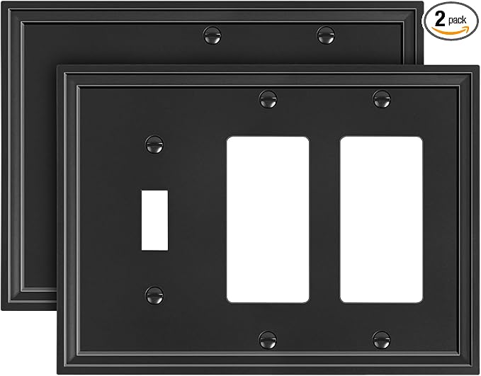2-Pack Combo Toggle/Double Decorator Light Switch Cover Plate, Black Modern Decorative Electrical Outlet Covers, Bamboo Fiber Wall Switch Plates and Outlet Covers