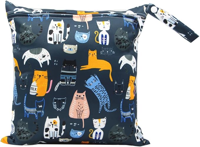 FANALALA Waterproof Wet Dry Bag, Reusable Diaper Pouch with Zipper, Machine Washable Travel Organizer for Beach, Daycare, Kids, Dinosaur Pattern (Blue Cat)