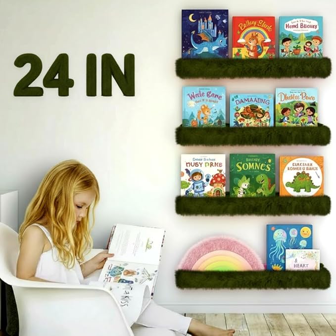 1PC Plush Bookshelf for Kids, Soft Hanging Book Display Shelf for Nursery Wall, Easy Mount Floating Bookshelf Display Organizer, Unique (Green)