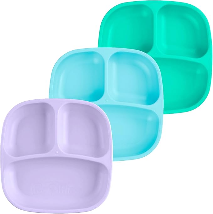 Re-Play Toddler Plates with Dividers - Deep-Walled 3 Compartments Divided Plates for Kids - Dishwasher & Microwave Safe - Made in USA - Set of 3, Bubble Pop