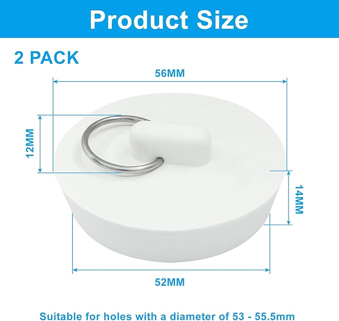 2 Pack Durable Rubber Drain Stopper, Fits 2 Inch Bathtub Drain Plug Hanging Ring, Bathroom Sink Stopper for Kitchen and Bathroom White