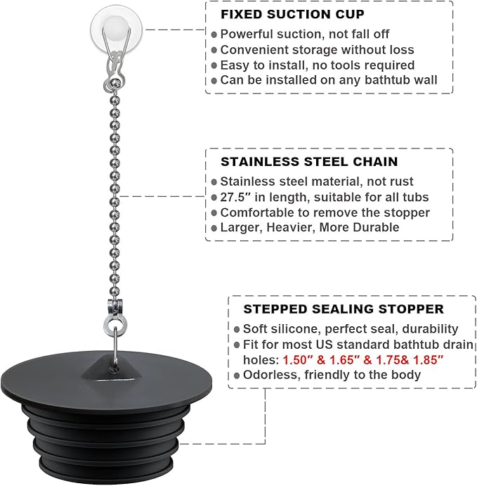 Bathtub Stopper, Silicone Tub Drain Stopper/Plug/Cover with 27.5" Stainless Steel Beaded Chain, Shower Bath Drain Water Stopper