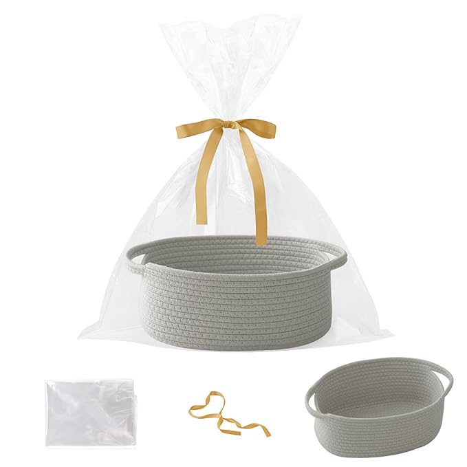 Small Woven Rope Basket-Empty Gifts Basket with Bag and Ribbons,Cute Handle Organizer Box for Birthday/Baby Shower, Toy Storage, Nursery Organizing & Shelf Decor(Grey)