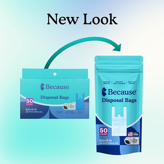 Because Incontinence Disposal Bags, Tear Resistant Disposal Bags for Men & Women, Extra-Large, Leak Protection, Odor Blocking, 50 Count