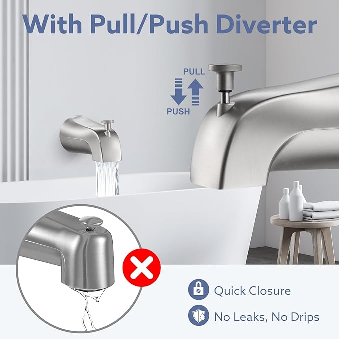 Universal Bathtub Tub Spout with Diverter, Fits 1/2" Slip-Fit Copper Pipe and 1/2" IPS & 3/4" IPS Thread Connections,Bathroom Tub Faucet Replacement with Adapters,PTFE Tape &Hex Wrench(Brushed Nickel)